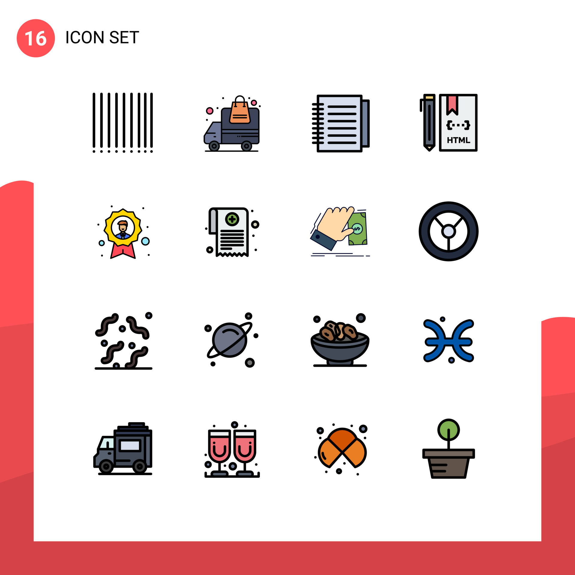 16 Universal Flat Color Filled Line Signs Symbols of badge achievement