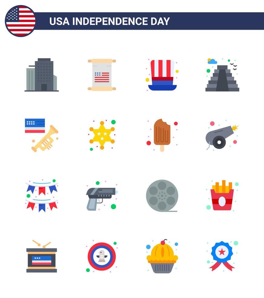paquete de 16 letreros planos de celebración del día de la independencia de EE. UU. Y símbolos del 4 de julio, como sombrero de bandera de laud, edificio de EE. UU. Elementos de diseño vectorial editables del día de EE. UU. vector
