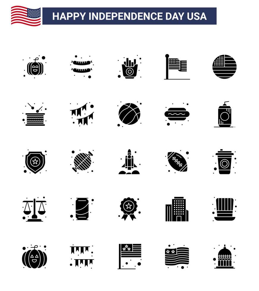 Set of 25 Vector Solid Glyph on 4th July USA Independence Day such as independence drum fries day thanksgiving Editable USA Day Vector Design Elements