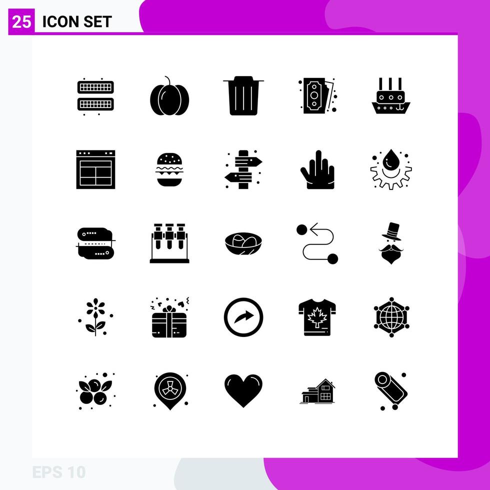 Universal Icon Symbols Group of 25 Modern Solid Glyphs of steamship ship delete shopping money Editable Vector Design Elements