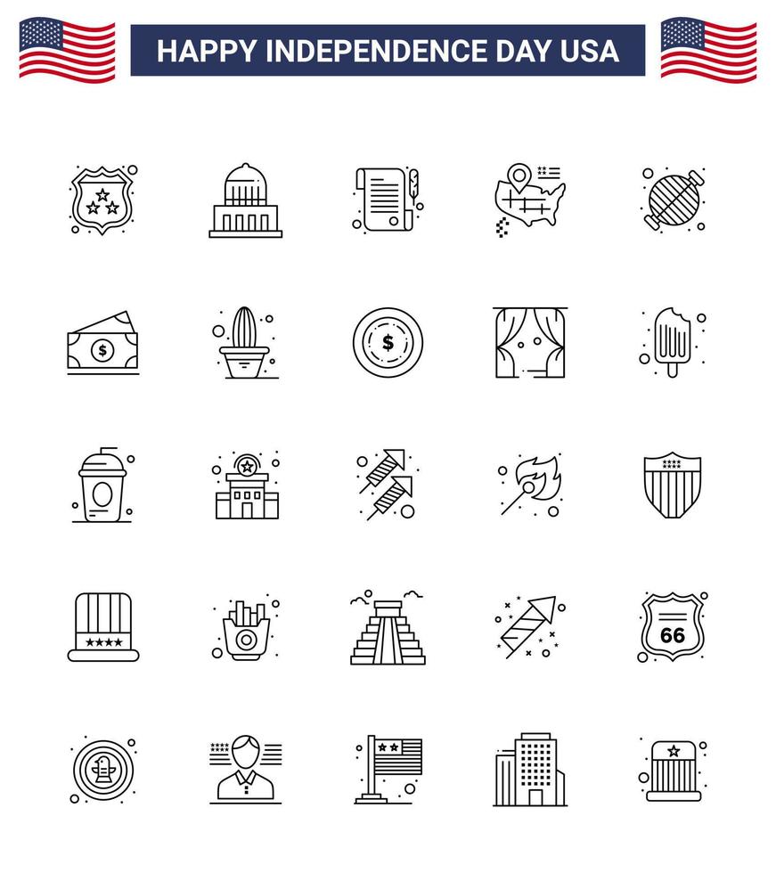 Pack of 25 creative USA Independence Day related Lines of grill barbecue paper food map Editable USA Day Vector Design Elements