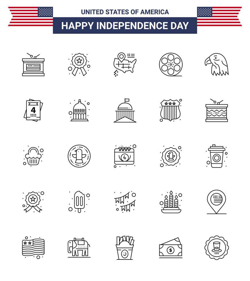 4th July USA Happy Independence Day Icon Symbols Group of 25 Modern Lines of eagle animal location american play Editable USA Day Vector Design Elements