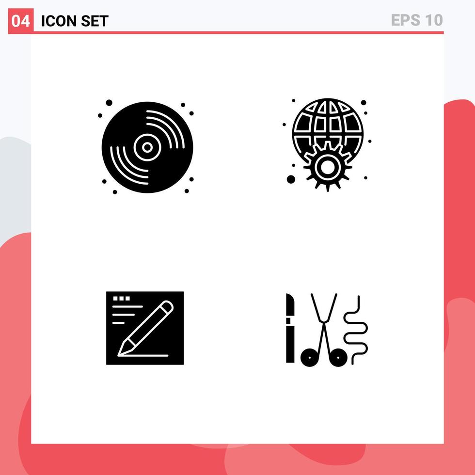 Set of 4 Vector Solid Glyphs on Grid for cd browser paint internet text Editable Vector Design Elements