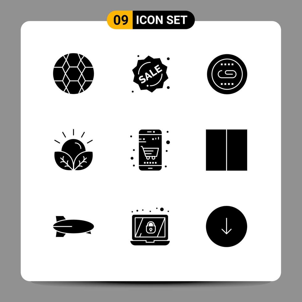 Set of 9 Commercial Solid Glyphs pack for garden farm engine crops search Editable Vector Design Elements