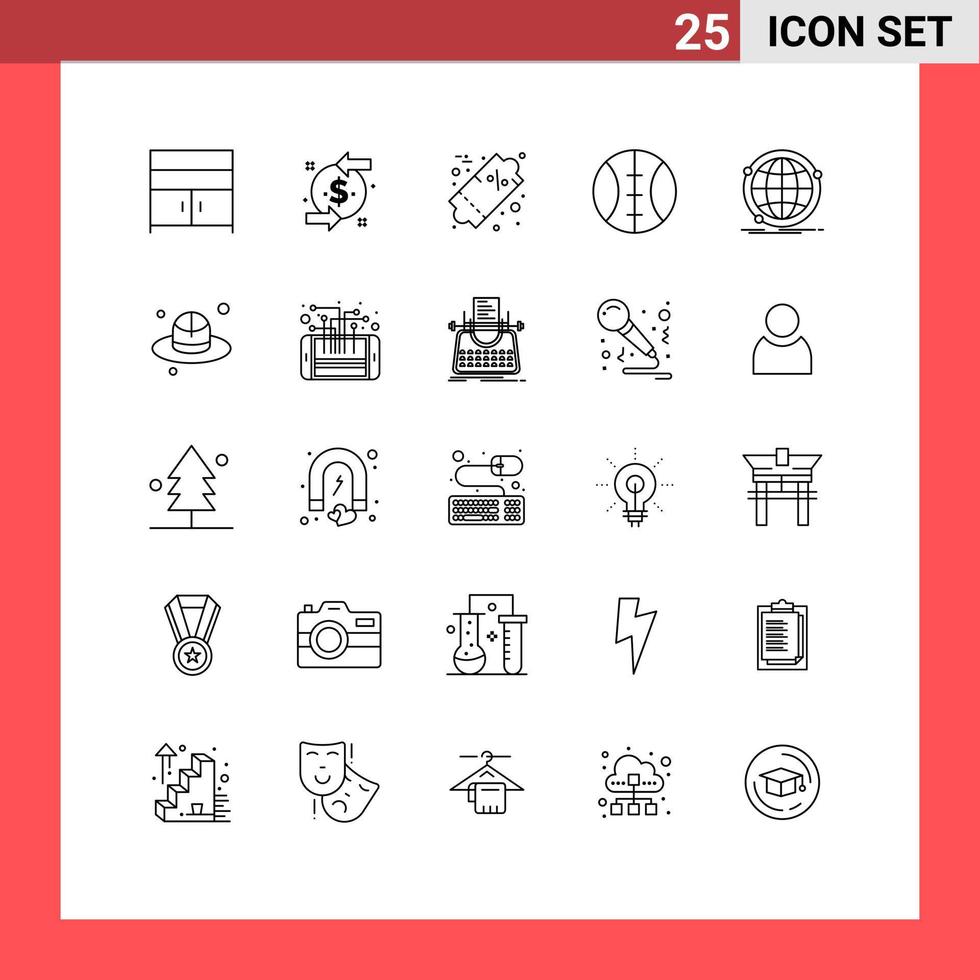 User Interface Pack of 25 Basic Lines of network global discount data baseball Editable Vector Design Elements