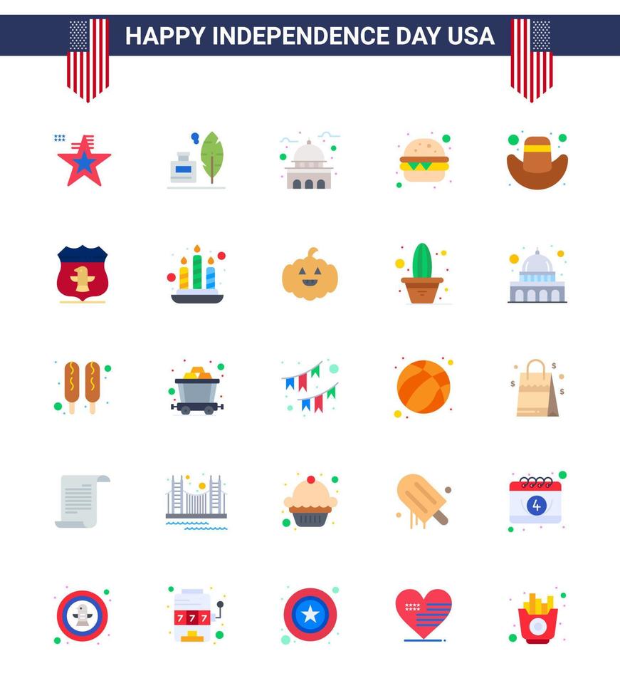 25 iconos creativos de EE. UU. Signos de independencia modernos y símbolos del 4 de julio de construcción de comida de gorra comida rápida elementos de diseño de vector de día de EE. UU. editables en blanco