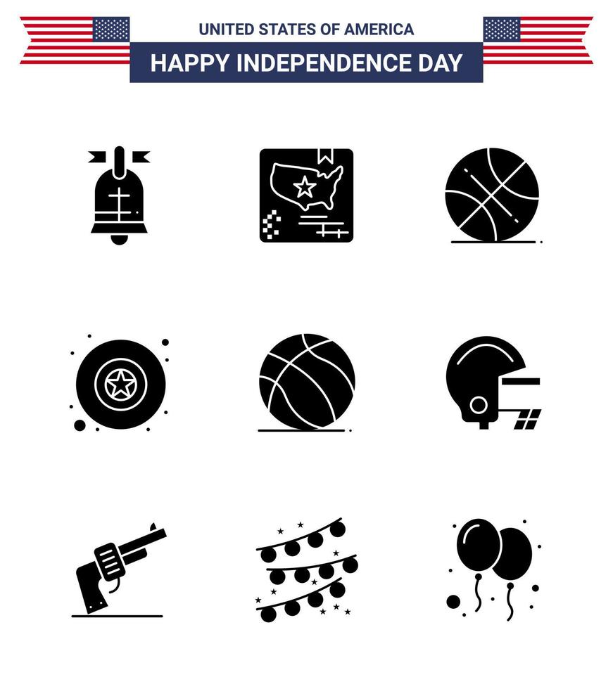 9 iconos creativos de estados unidos signos de independencia modernos y símbolos del 4 de julio de la insignia de estrella de backetball de fútbol americano elementos de diseño vectorial del día de estados unidos editables vector