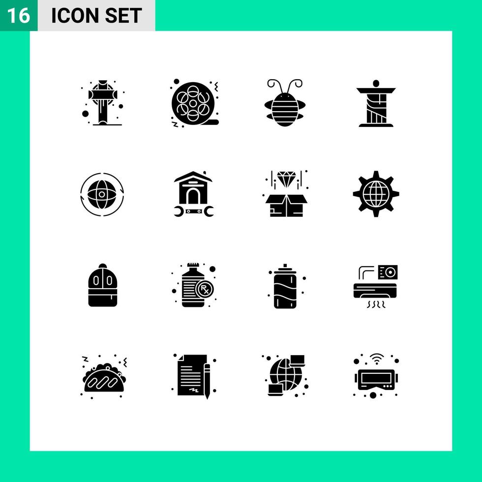Pack of 16 Modern Solid Glyphs Signs and Symbols for Web Print Media such as landmark christ multimedia jesus ladybird Editable Vector Design Elements