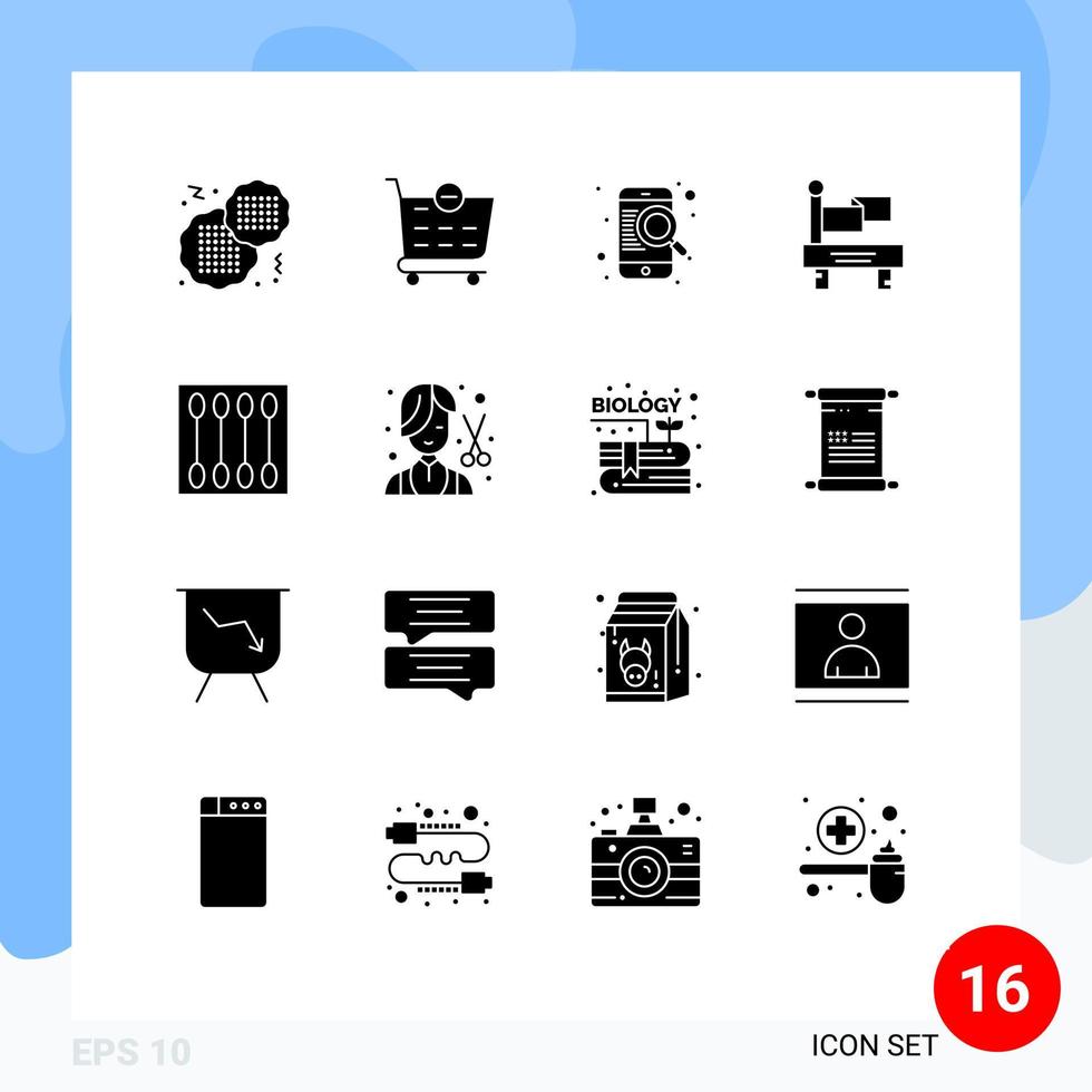 Group of 16 Solid Glyphs Signs and Symbols for salon face brush search cosmetics transportation Editable Vector Design Elements