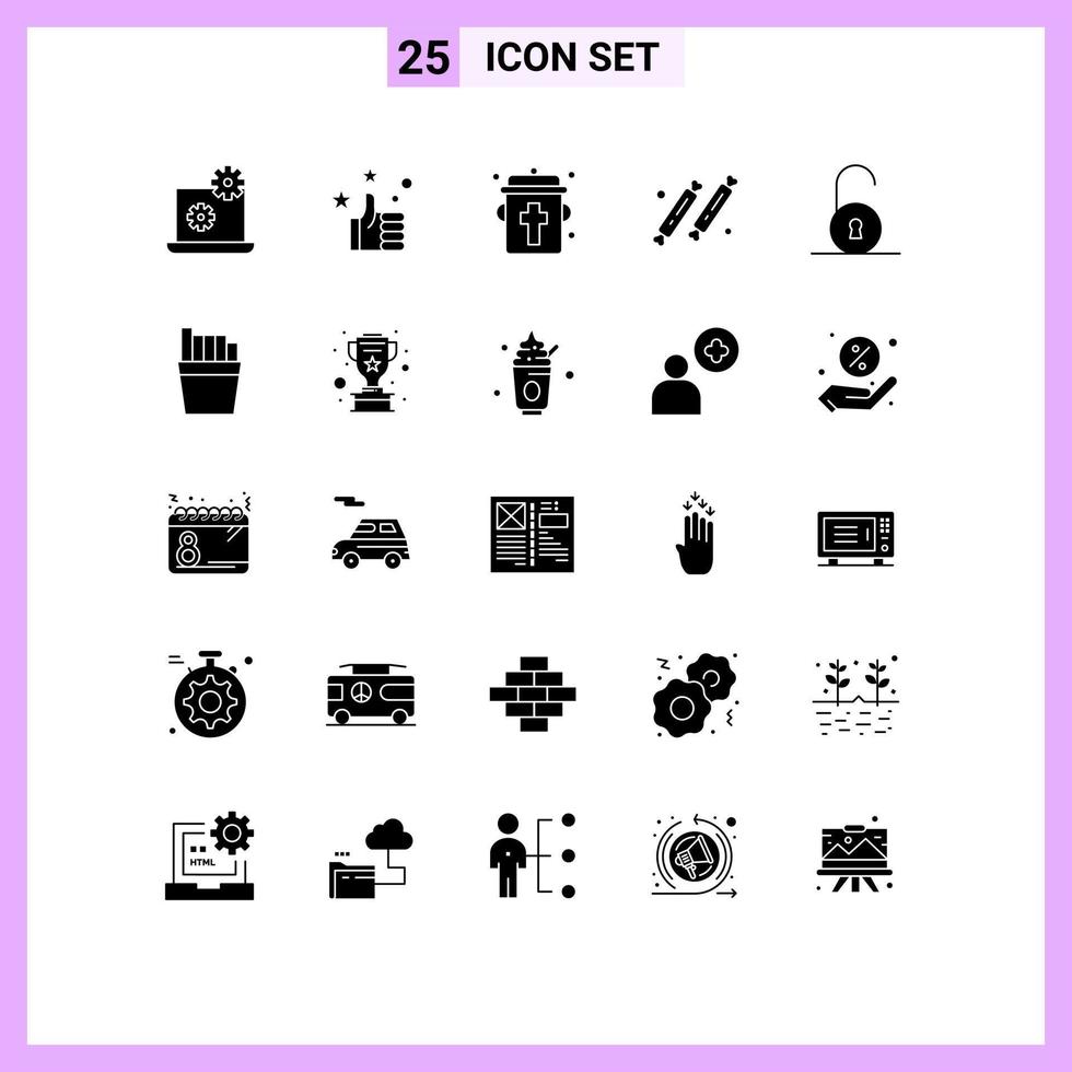 Group of 25 Modern Solid Glyphs Set for padlock unlocked eye sweet party Editable Vector Design Elements