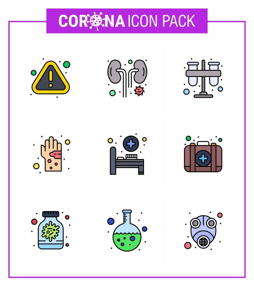 icono de consejos de precaución de coronavirus para la presentación de pautas de atención médica 9 paquete de iconos de color plano de línea llena como prueba de gérmenes de higiene tubos sucios coronavirus viral 2019nov diseño de vector de enfermedad el