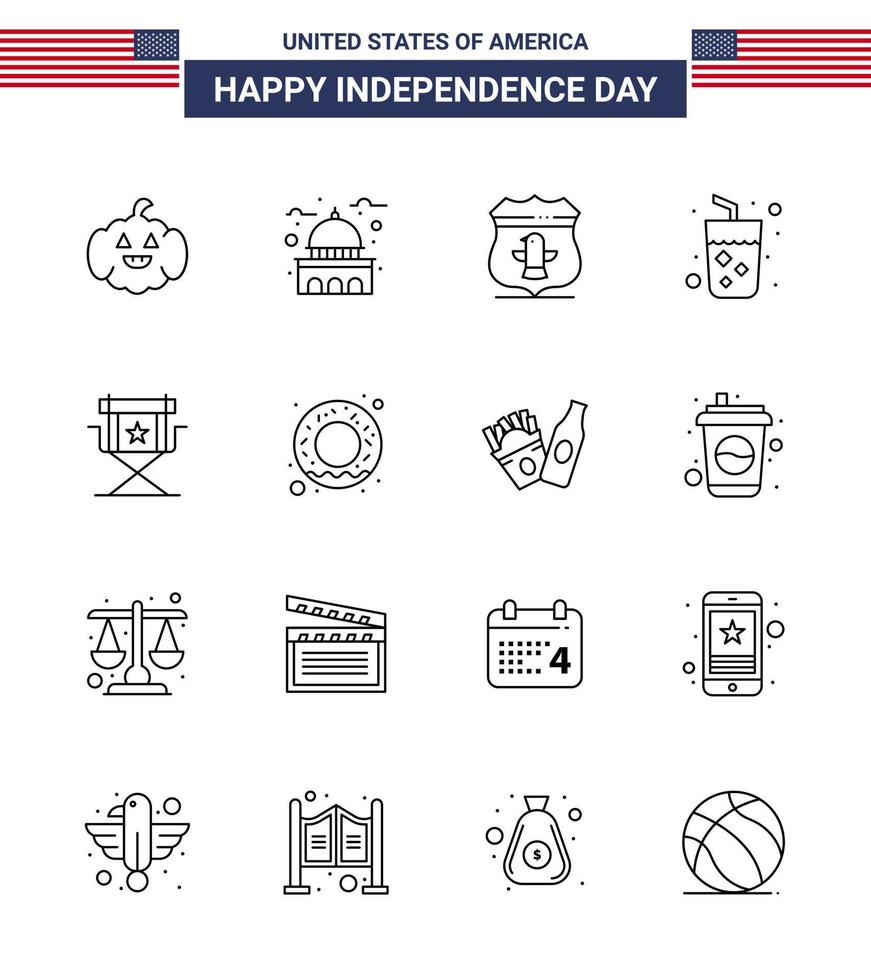 Line Pack of 16 USA Independence Day Symbols of director wine sheild juice alcohol Editable USA Day Vector Design Elements