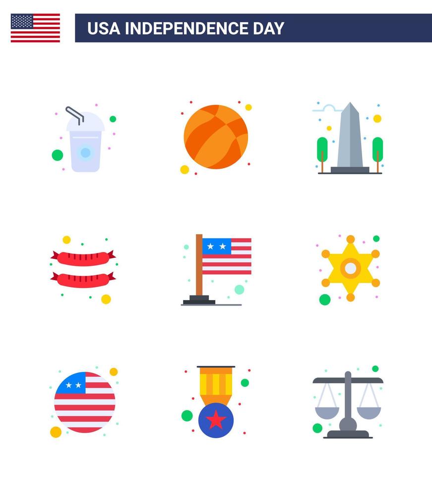 USA Happy Independence DayPictogram Set of 9 Simple Flats of flag sausage landmark frankfurter washington Editable USA Day Vector Design Elements