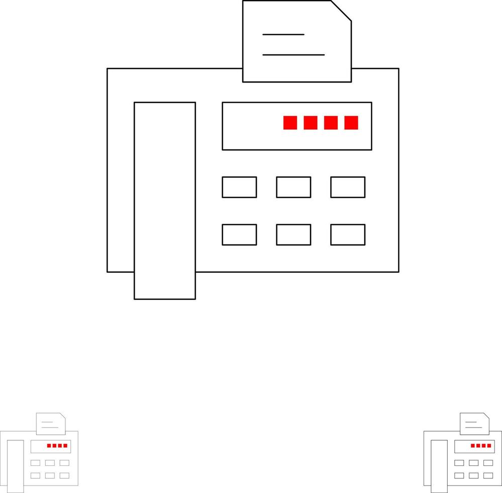 fax teléfono máquina de escribir máquina de fax negrita y delgada línea negra conjunto de iconos vector