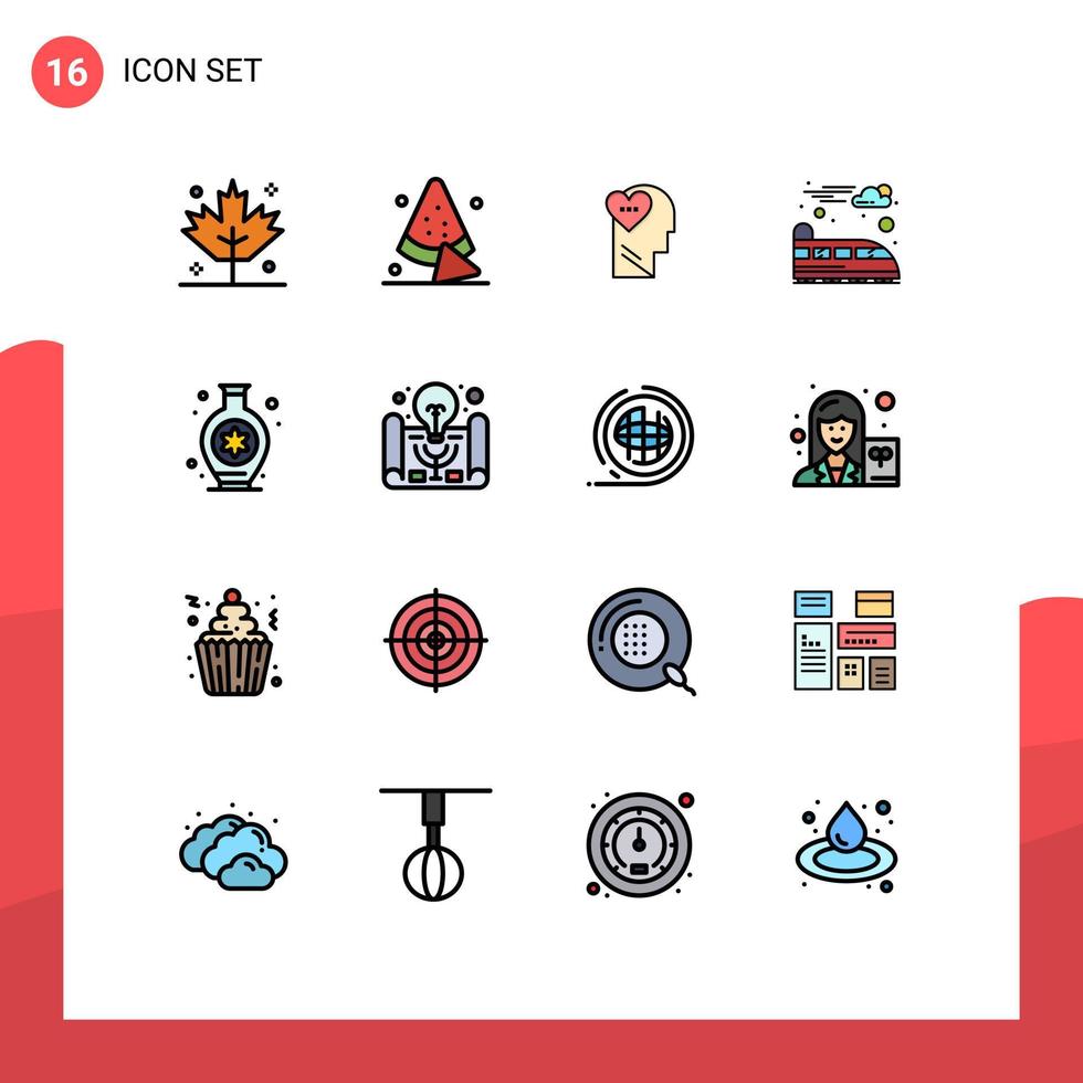 Pack of 16 creative Flat Color Filled Lines of business idea hobby mind hobbies train Editable Creative Vector Design Elements