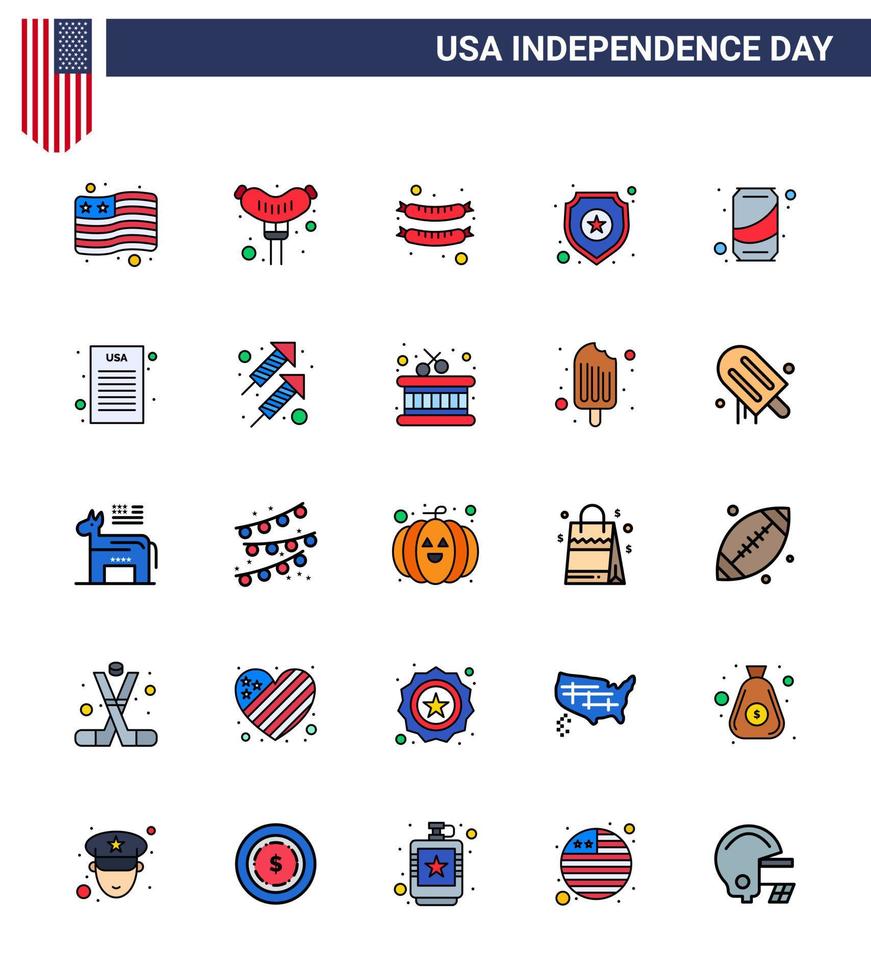 Happy Independence Day USA Pack of 25 Creative Flat Filled Lines of celebration declaration of independence star declaration soda Editable USA Day Vector Design Elements