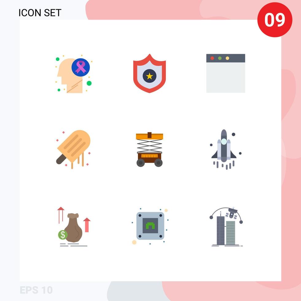 9 User Interface Flat Color Pack of modern Signs and Symbols of lifter forklift mac lift ice cream Editable Vector Design Elements