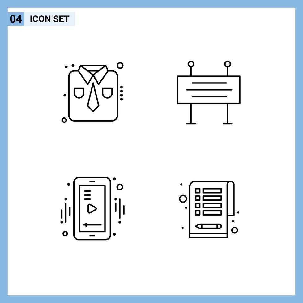 conjunto moderno de 4 colores planos de línea de relleno pictografía de ropa de trabajo móvil barrera de tráfico elementos de diseño vectorial editables de video vector