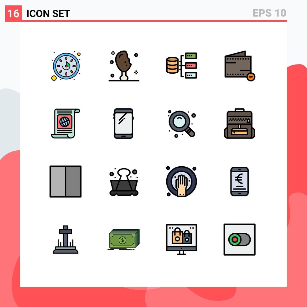 Pack of 16 Modern Flat Color Filled Lines Signs and Symbols for Web Print Media such as target goal servers wallet e Editable Creative Vector Design Elements
