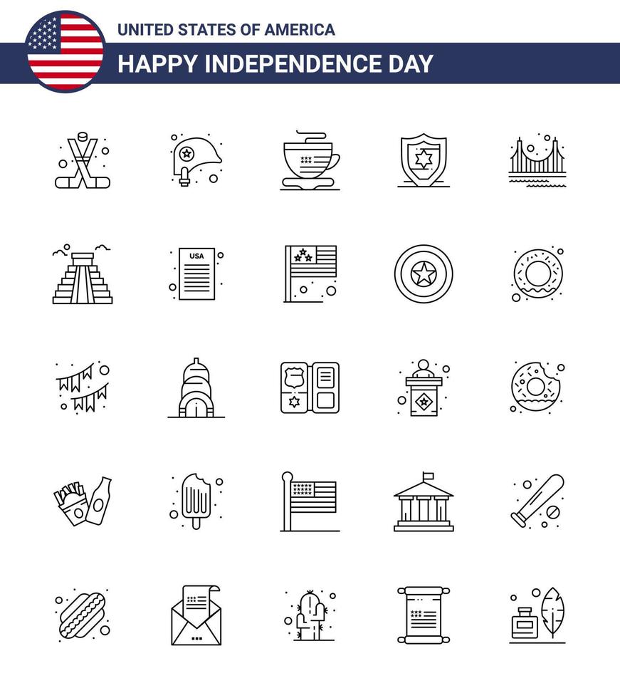 USA Happy Independence DayPictogram Set of 25 Simple Lines of golden bridge star shield american Editable USA Day Vector Design Elements