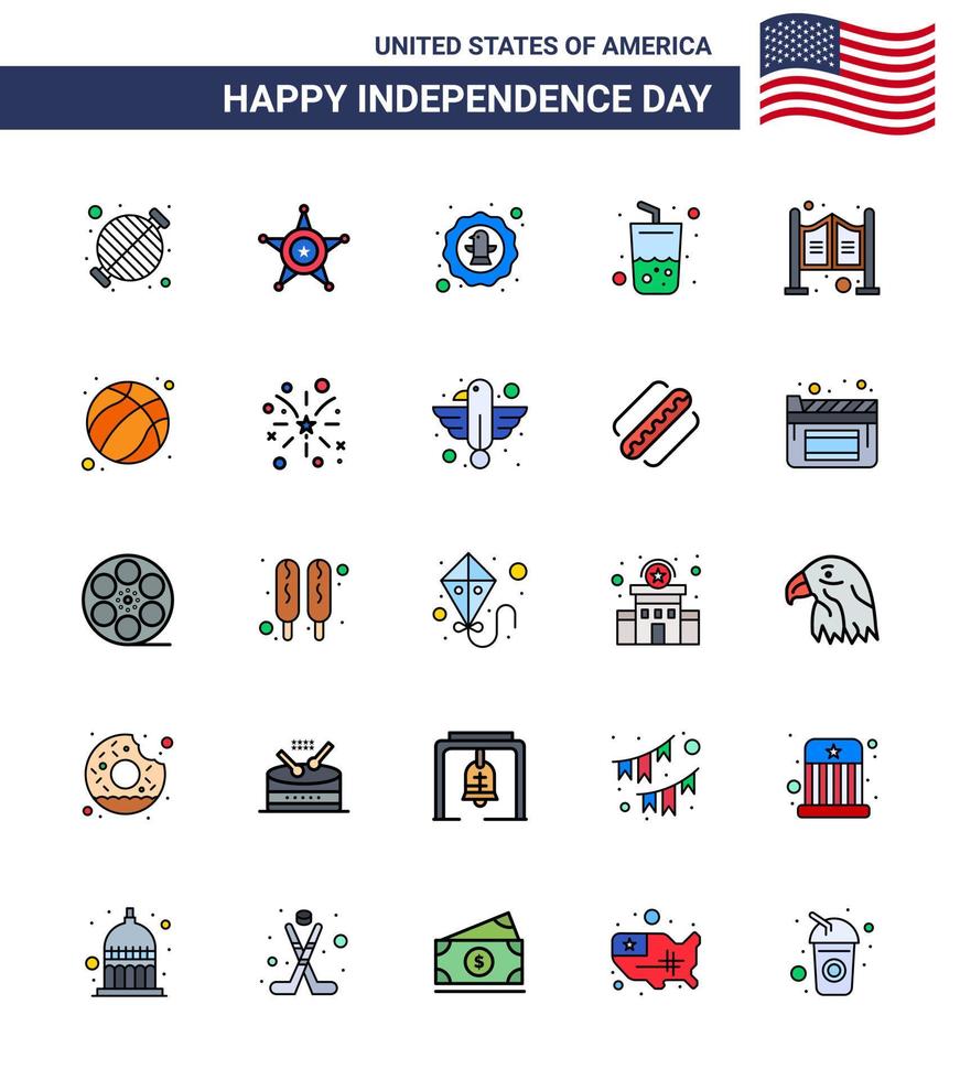 25 USA Flat Filled Line Pack of Independence Day Signs and Symbols of cola drink usa glass eagle Editable USA Day Vector Design Elements
