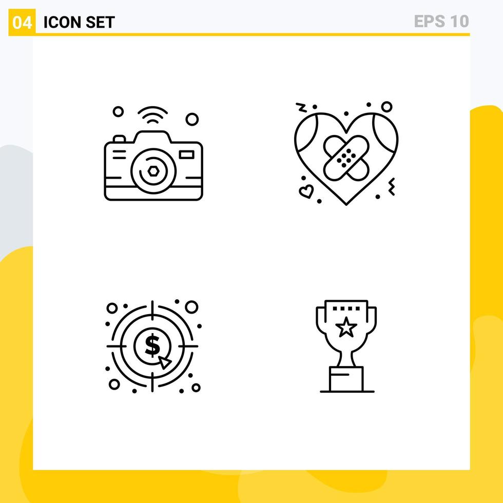 Pack of 4 creative Filledline Flat Colors of camera love internet of things broken currency Editable Vector Design Elements