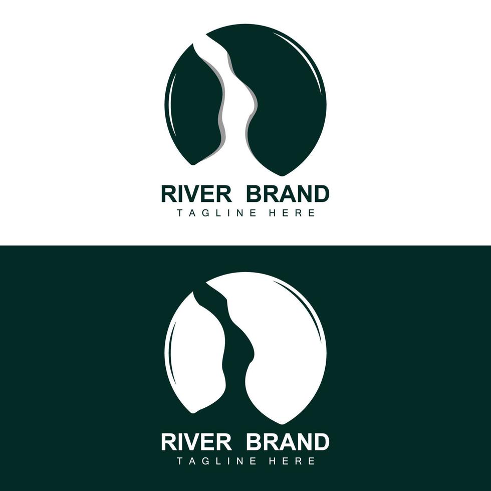 diseño del logo del río, vector de la cala del río, ilustración de la orilla del río con una combinación de montañas y naturaleza, marca de producto