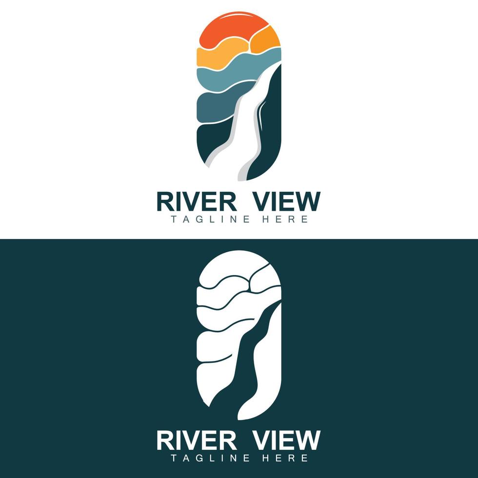 diseño del logo del río, vector de la cala del río, ilustración de la orilla del río con una combinación de montañas y naturaleza, marca de producto