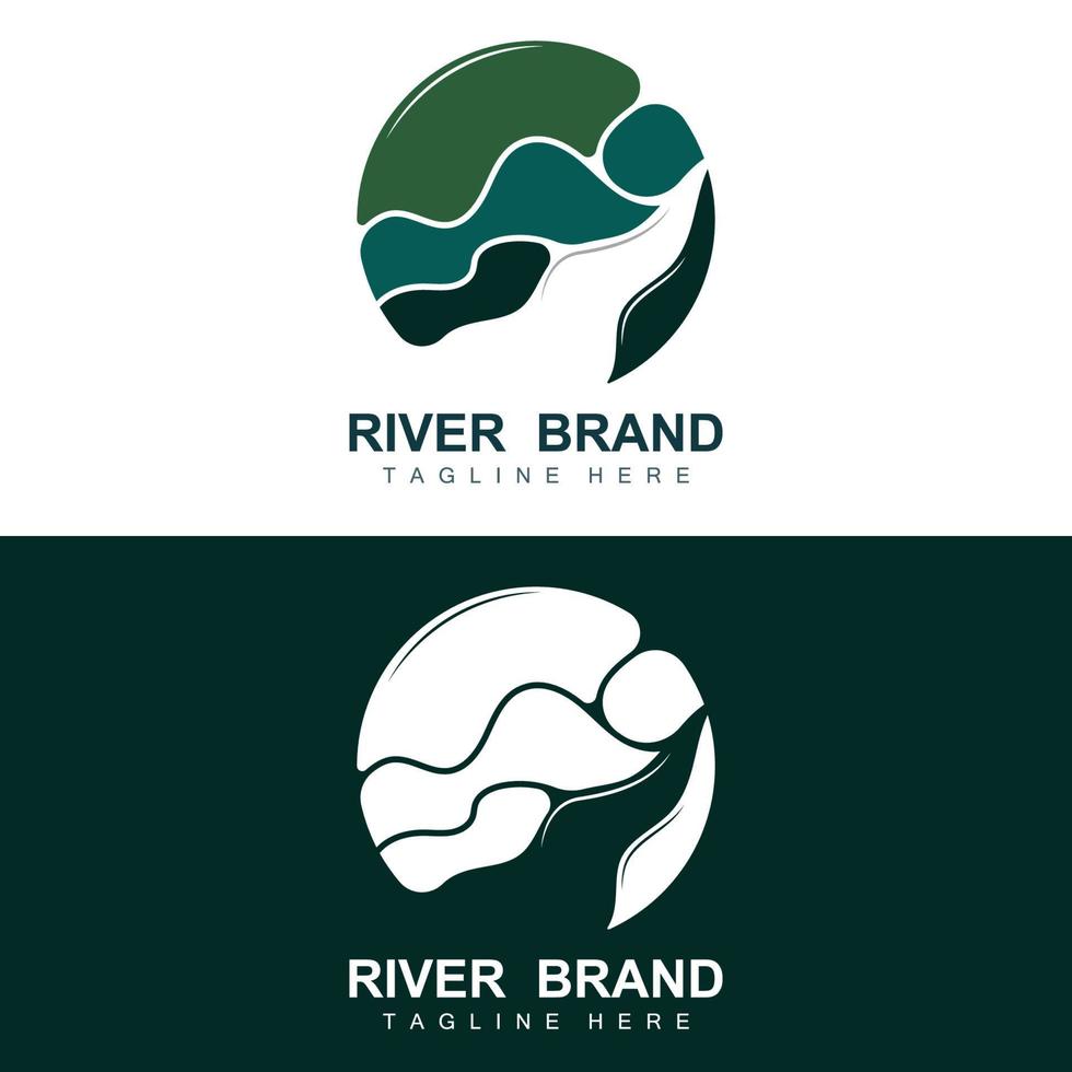 diseño del logo del río, vector de la cala del río, ilustración de la orilla del río con una combinación de montañas y naturaleza, marca de producto