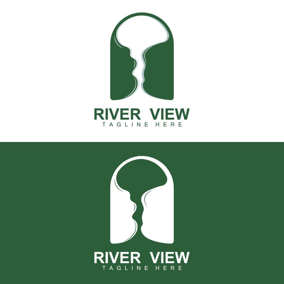 diseño del logo del río, vector de la cala del río, ilustración de la orilla del río con una combinación de montañas y naturaleza, marca de producto