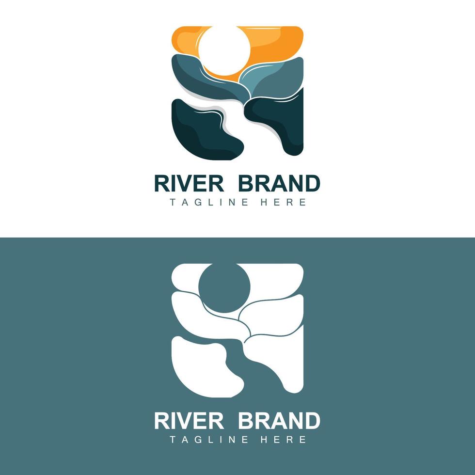 diseño del logo del río, vector de la cala del río, ilustración de la orilla del río con una combinación de montañas y naturaleza, marca de producto