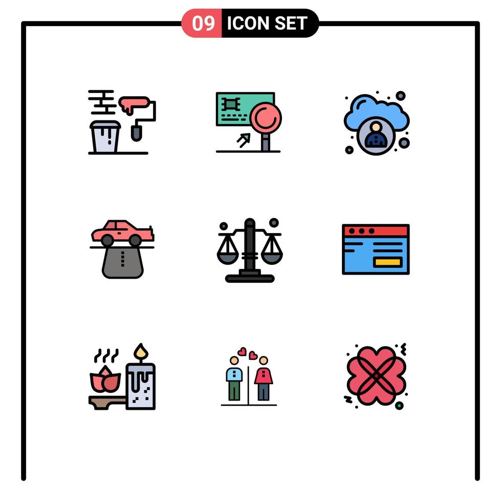 9 Universal Filledline Flat Color Signs Symbols of comfort car detection authority user Editable Vector Design Elements