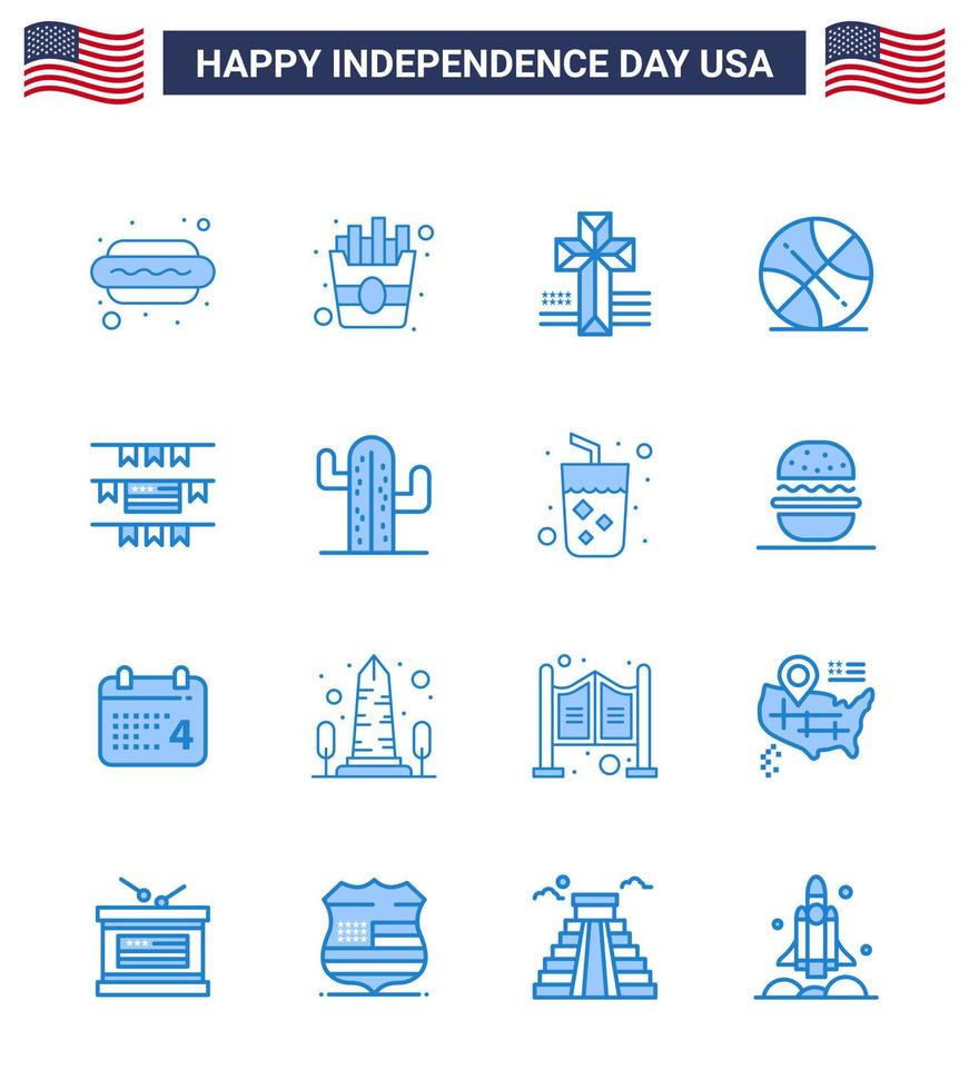 16 iconos creativos de EE. UU. Signos de independencia modernos y símbolos del 4 de julio de decoración de fiesta de cactus empavesados cruzados deportes elementos de diseño de vector de día de EE. UU. editables