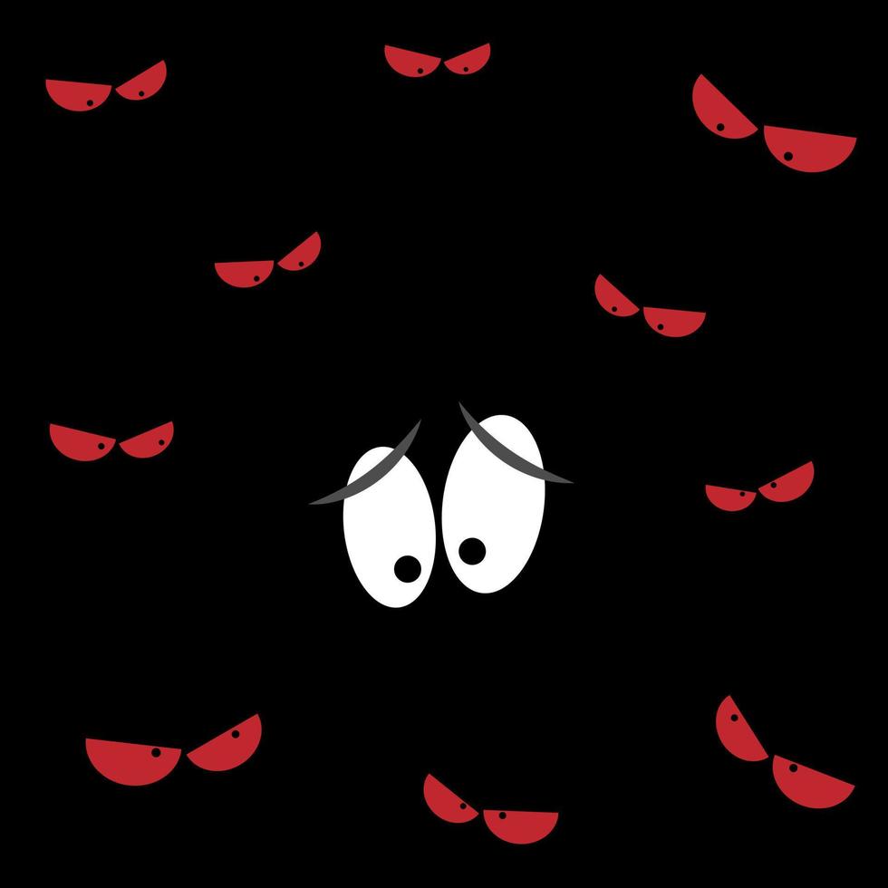 Frightened eyes surrounded by angry red eyes in the dark vector