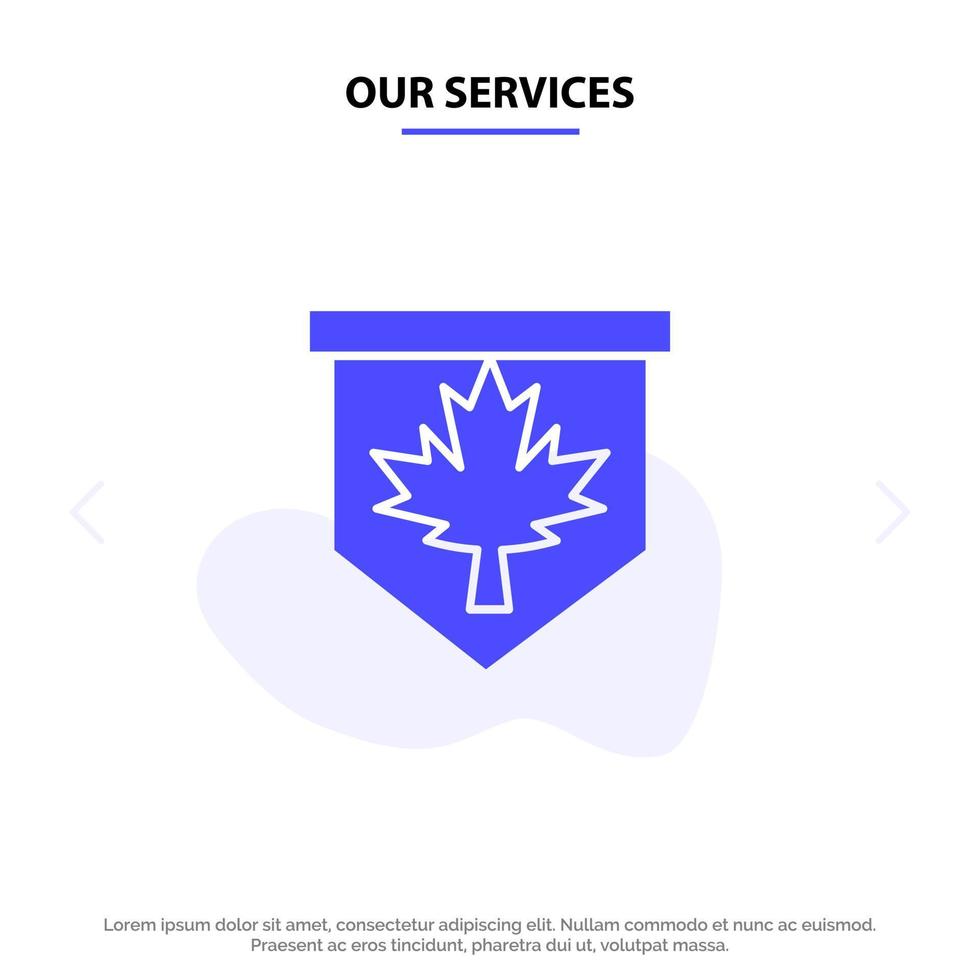 nuestros servicios hoja de etiqueta canadá firmar icono de glifo sólido plantilla de tarjeta web vector