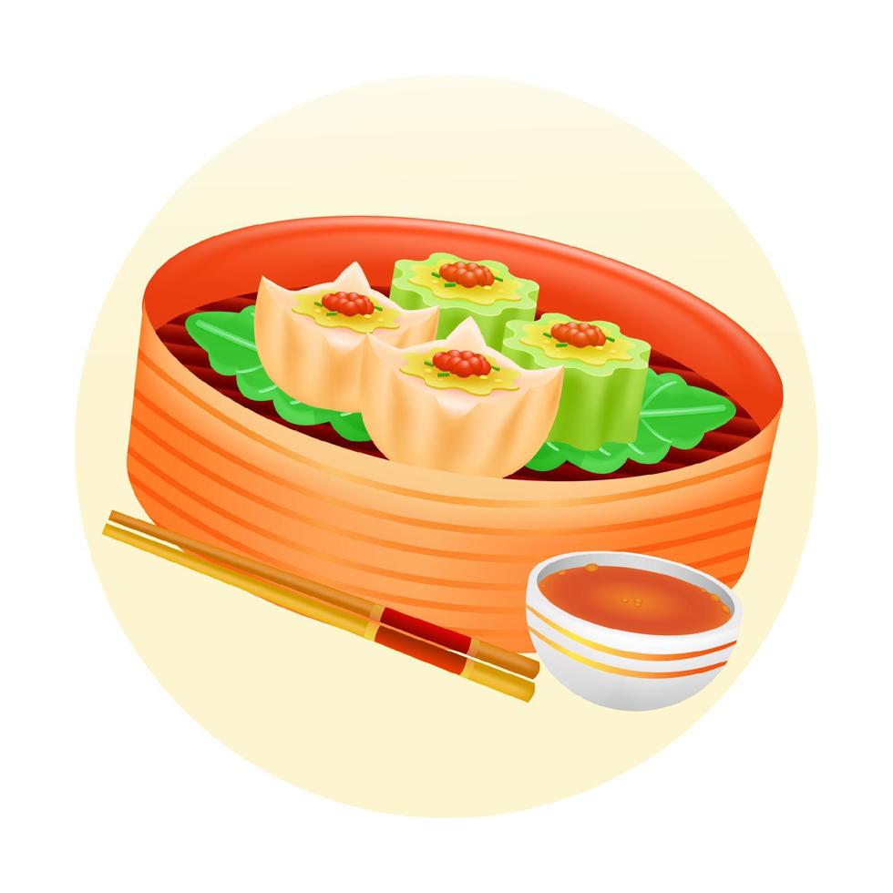 comida china, ilustración 3d de comida de dim sum de calabaza amarga en una cesta de vapor de bambú vector