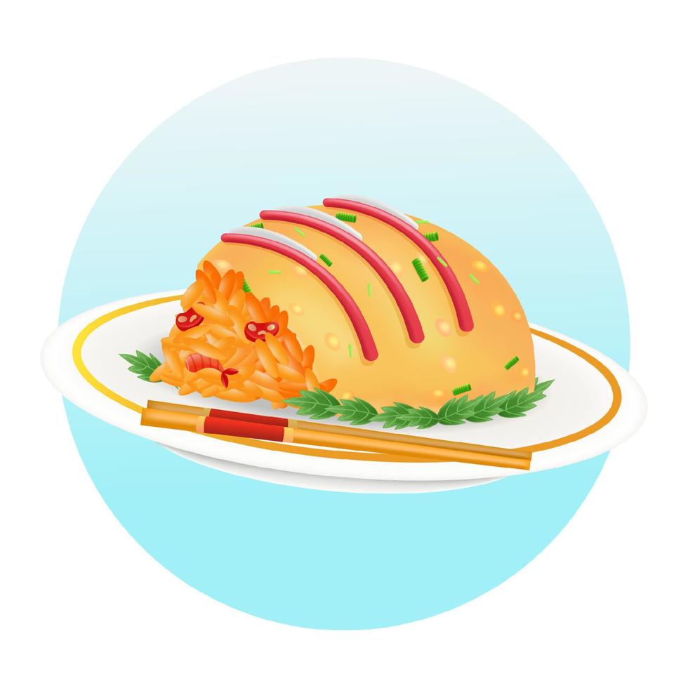 comida japonesa, ilustración 3d de tortilla de arroz rellena de gambas y salsa vector