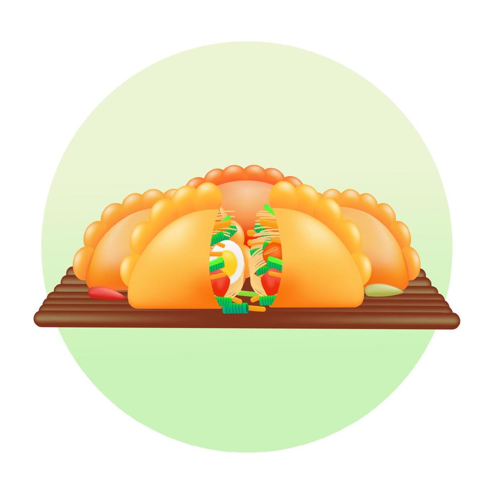 comida indonesia. Ilustración 3d de pan frito relleno de fideos, huevos y verduras vector