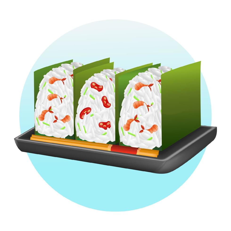 comida japonesa, ilustración 3d de bolas de arroz llenas de carne y camarones vector