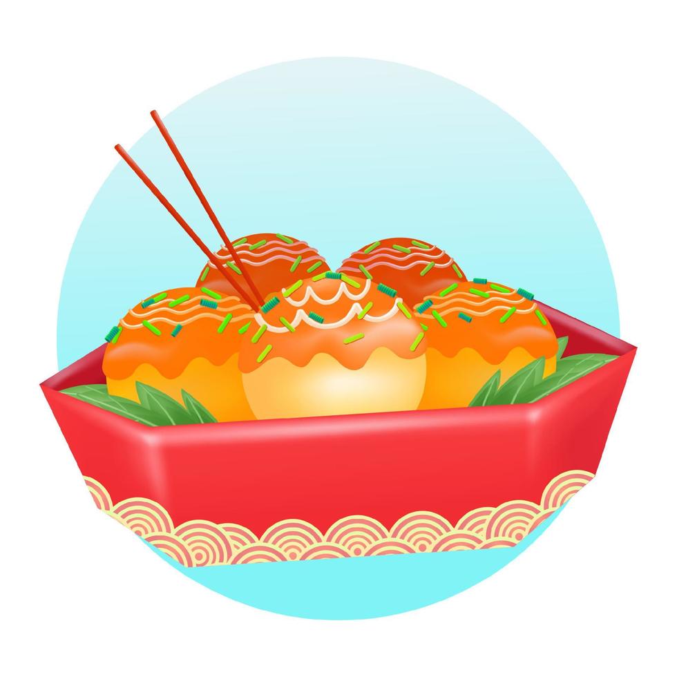 comida japonesa, ilustración 3d de takoyaki en una lonchera vector