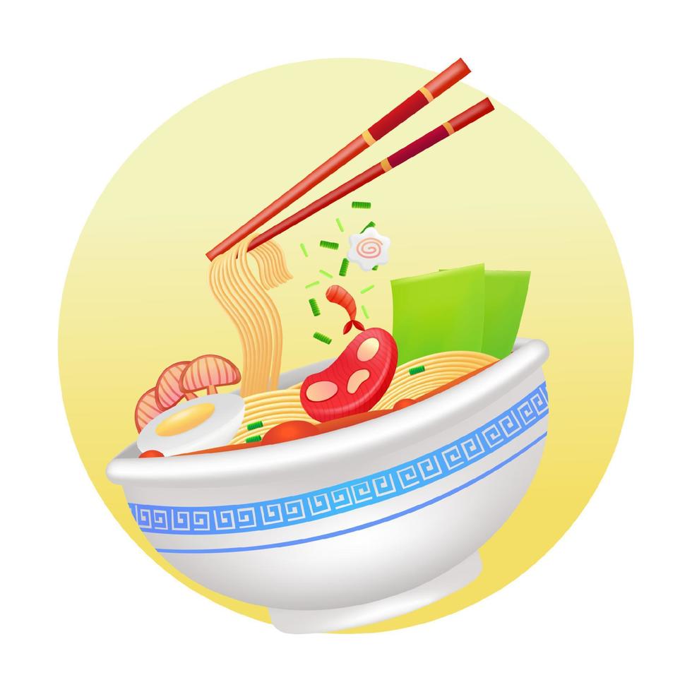 Japanese food, 3d illustration of ramen in a bowl on white vector