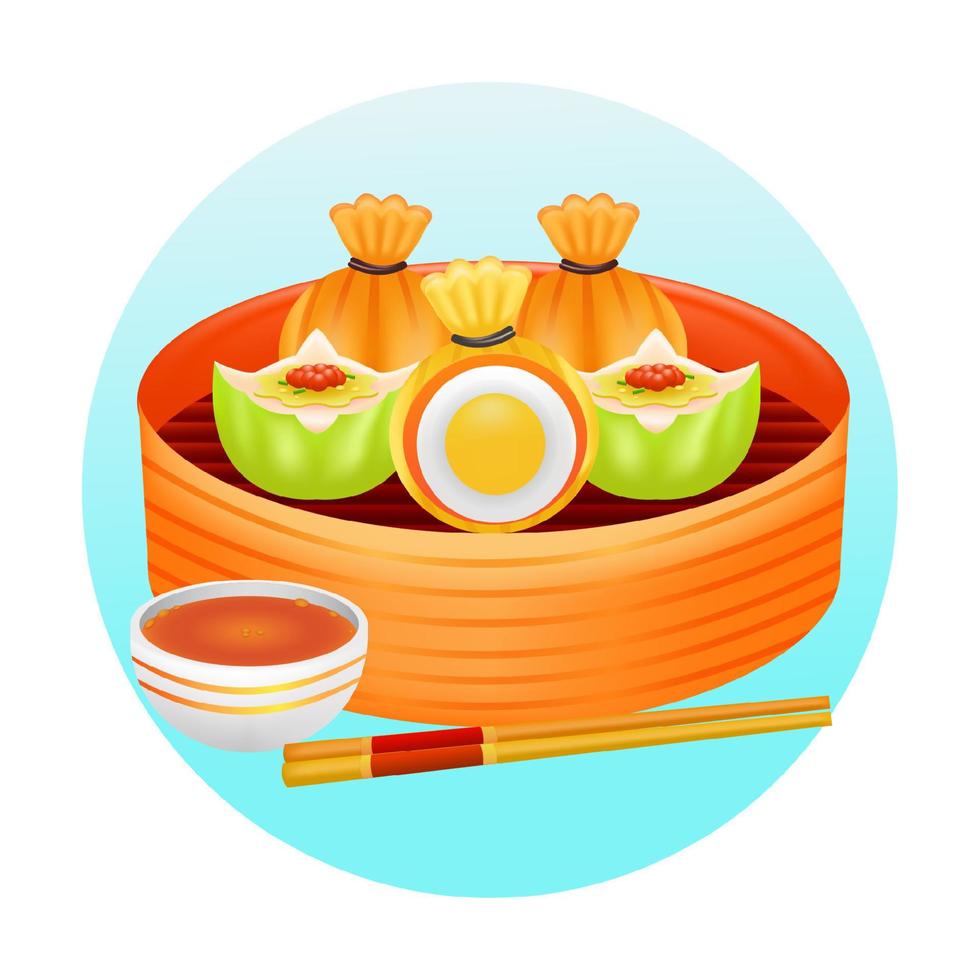 comida china, ilustración 3d de comida dim sum llena de huevos en una cesta de vapor de bambú vector