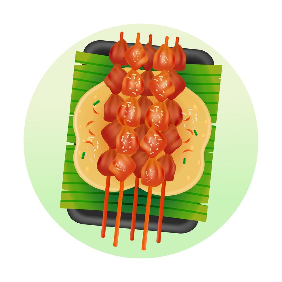 Indonesian food, 3d illustration of meat satay on a banana leaf base vector