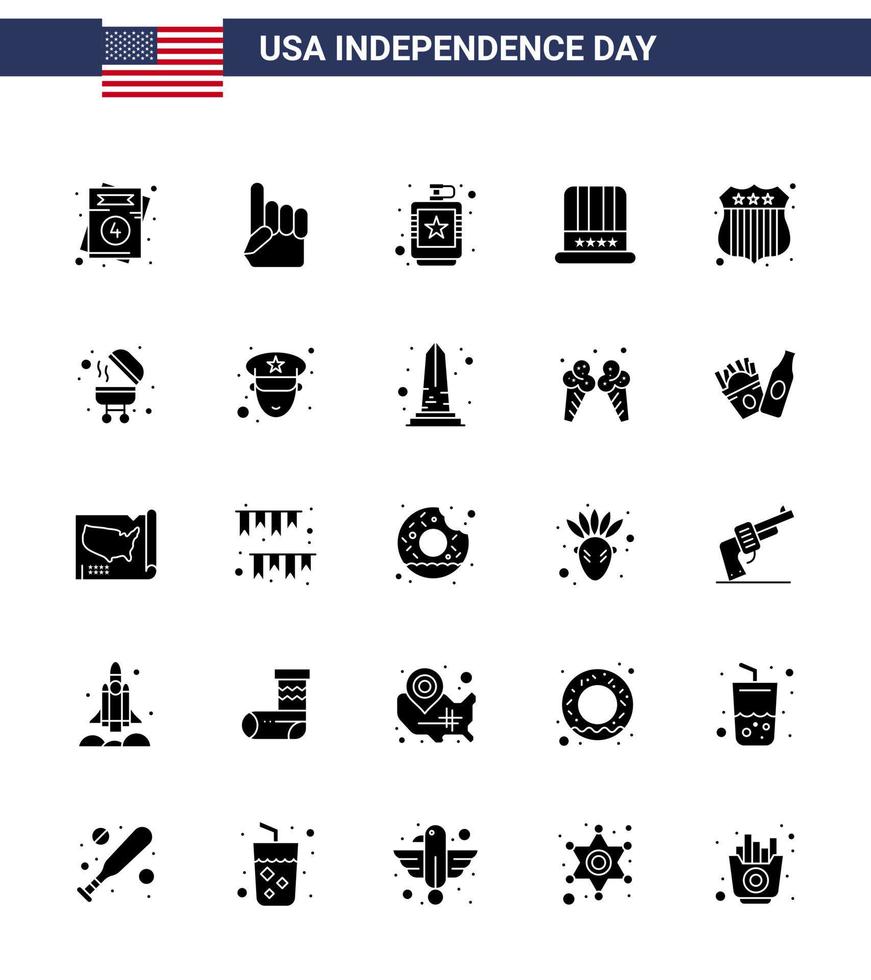 Group of 25 Solid Glyph Set for Independence day of United States of America such as badge american alcoholic cap liquid Editable USA Day Vector Design Elements