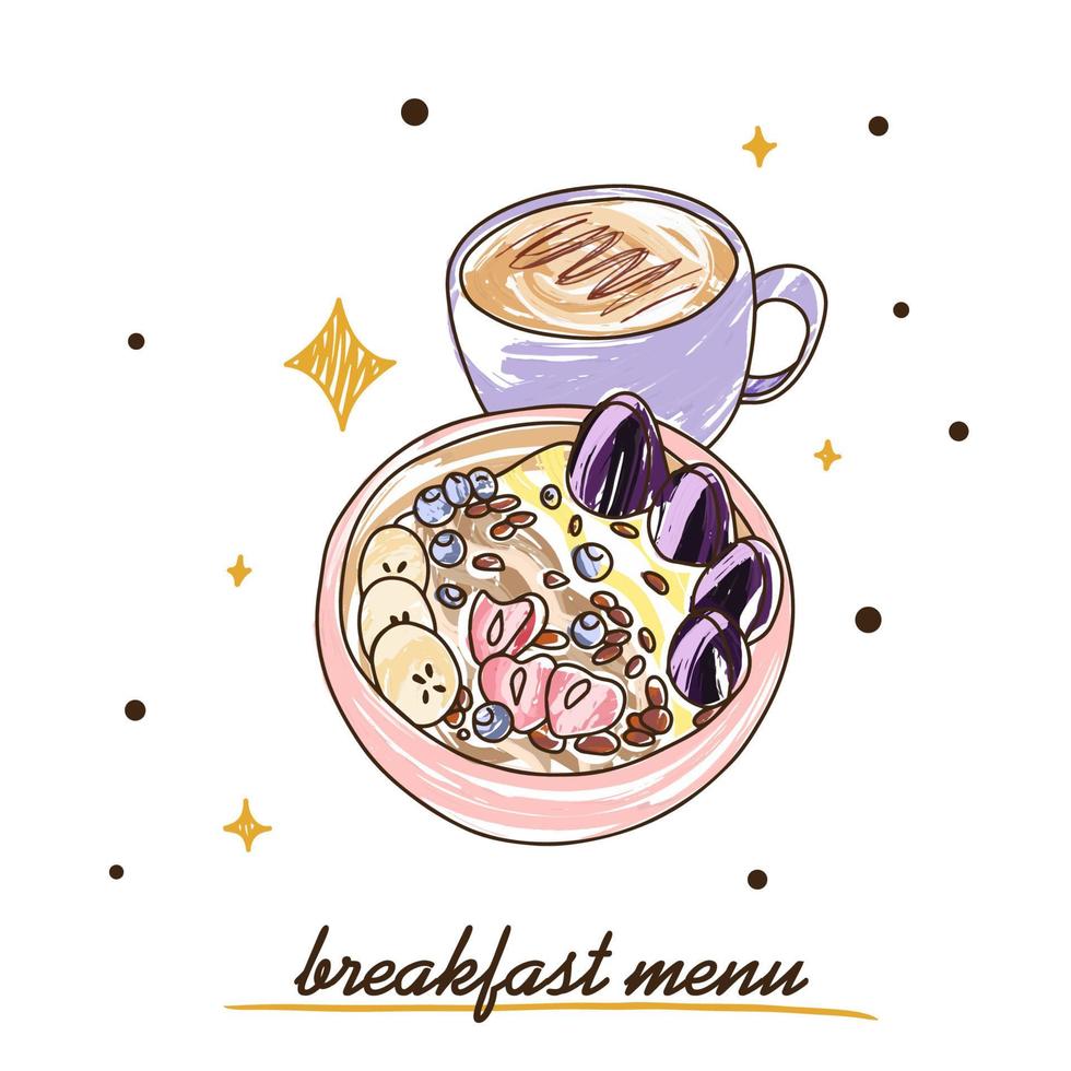 Breakfast menu, oatmeal with fruits and hot coffee, americano with cream vector