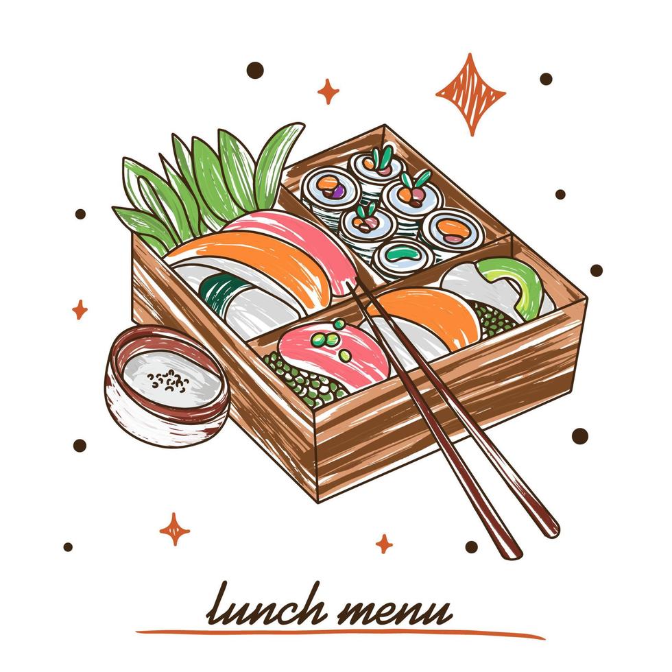 Appetizing rolls and sushi with sauce, lunch menu, doodle vector