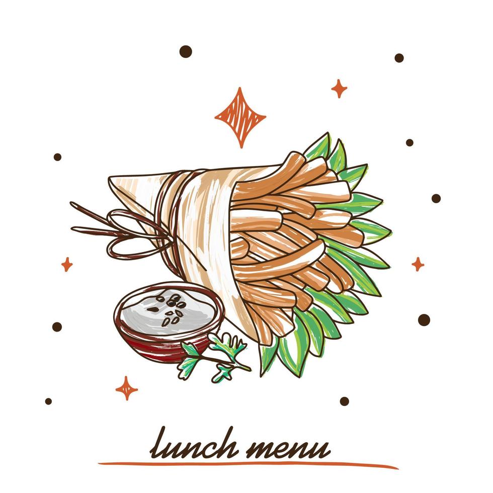 French fries with spinach leaves and delicious sauce, lunch menu vector