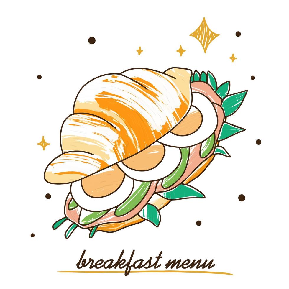 Sándwich de croissant con huevo y jamón decorado con hierbas, menú de desayuno vector