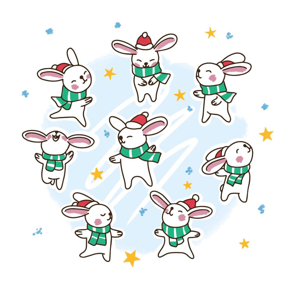 Set of cute bunnies in santa hat and scarf, dancing in a circle vector