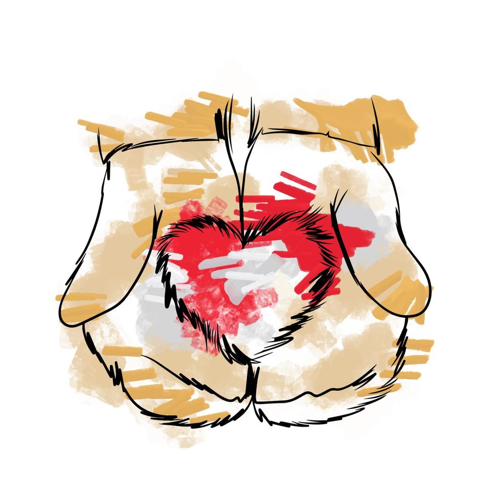 Cute vector illustration, warm mittens hold a furry red heart